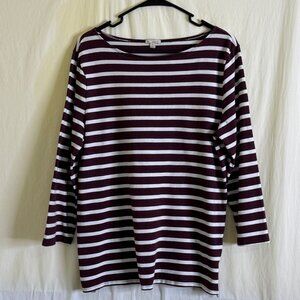 GAP Women's Striped 3/4 Sleeve Boatneck Top Maroon & White Cotton Size XL